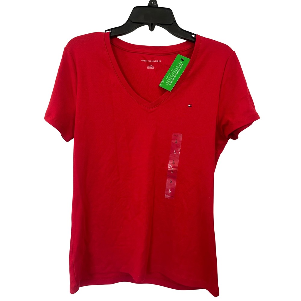 Tommy Hilfiger Womens Red V-Neck Short Sleeve T-Shirt Logo Tee Large NWT